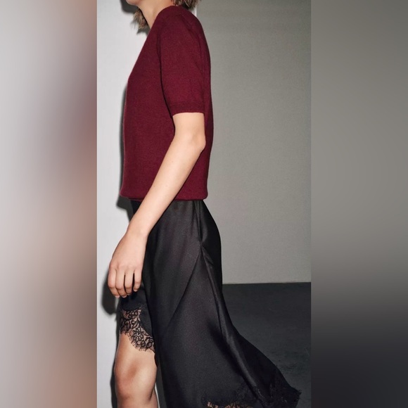 Zara 100% WOOL WINE KNIT SHORT SLEEVE JUMPER Size XL - Picture 3 of 6